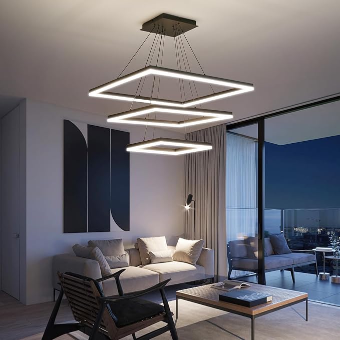 Modern LED Chandelier, 3 Ring Square LED Pendant Ceiling Light, Dimmable Foyer Chandelier Lighting Fixture, Adjustable Height Over Table Hanging Light for Living Dining Room, Bedroom, Study Room