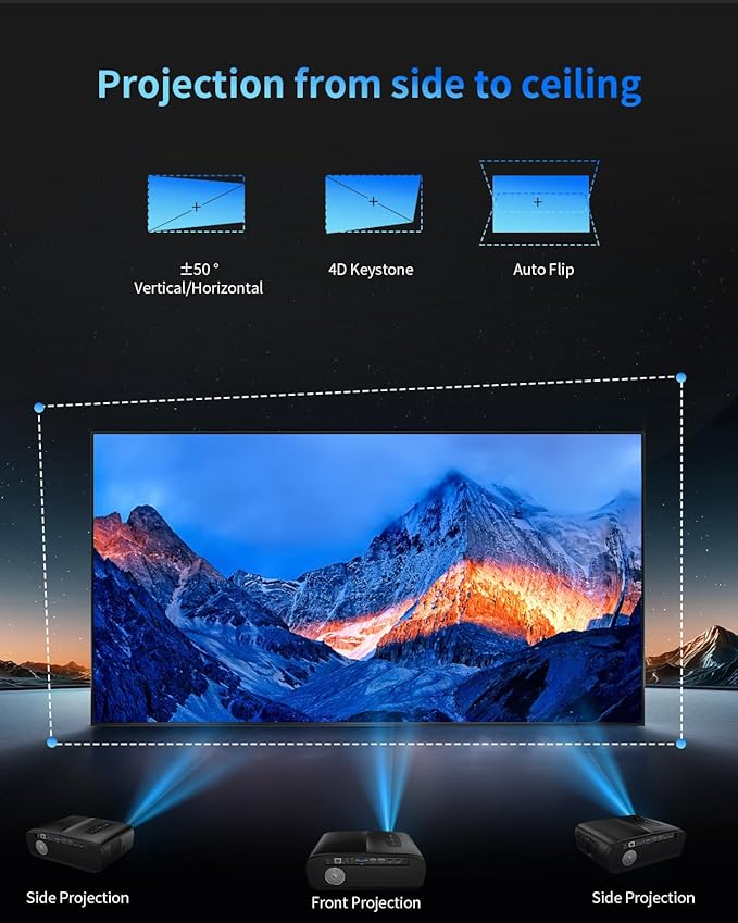 LED 4K Projector with WiFi and Bluetooth, 1800 ANSI Ultra HD Smart Daylight Home Theater Projector Home Cinema, Android TV, DSP audio, 4D keystone Correction, HDR for Gaming, Ceiling, 300" display