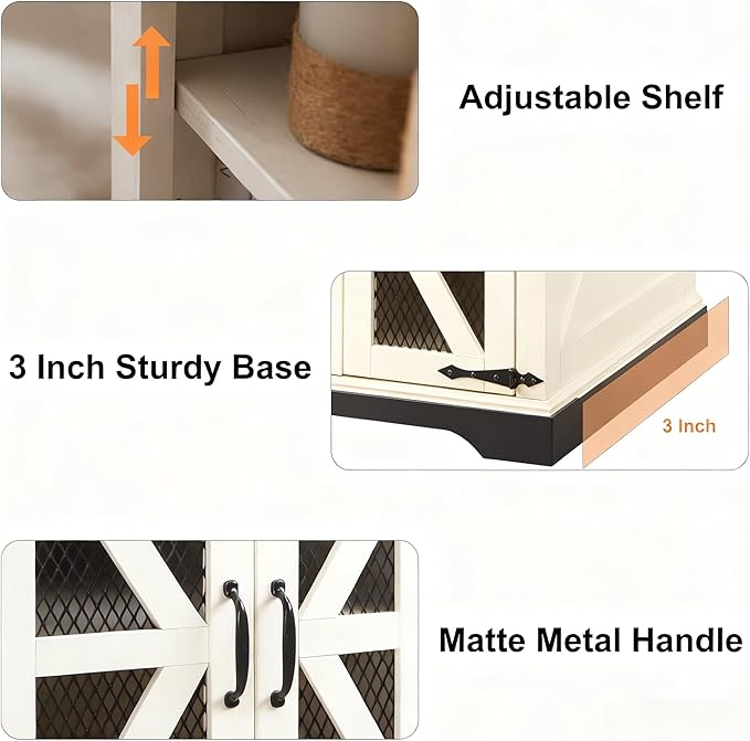JXQTLINGMU Farmhouse End Table, 24" Large Sofa Side Table with Charging Station, Mesh Barn Door, and Adjustable Storage Shelf, Rustic Wood Square Nightstand for Living Room, Bedroom, Off White