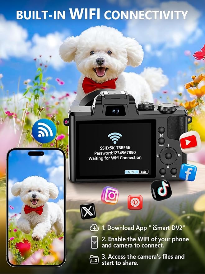 8K Digital Camera, 88MP WiFi Cameras for Photography with 3.2" Touchscreen, 16X Zoom Autofocus Vlogging Camera for YouTube Video, Anti-Shake, Dual Camera, 2 Batteries, 64GB Card, Flash, Lens Hood
