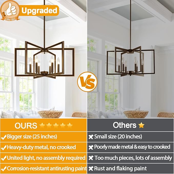 25"Modern Oil-Rubbed Bronze No Assembly Required Chandelier for Dining Room, Oil-Rubbed Bronze Dining Room Light Fixture Over Table, Industrial Metal Hanging Pendant Lights Fixture for Kitchen Island