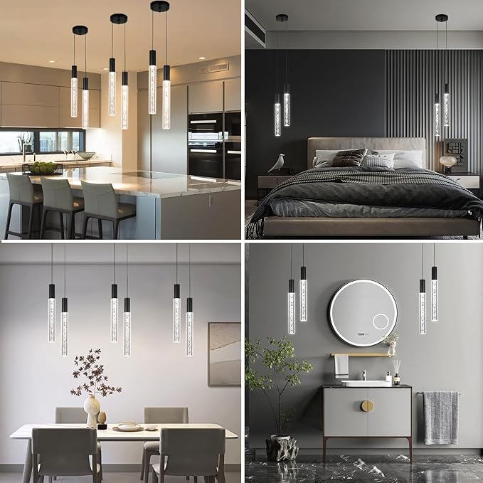Modern Black Pendant Light Fixture 2-Light, 3-Color LED Pendant Lighting Acrylic Cord Adjustable Ceiling Hanging Lights for Kitchen Island Living Room Bedroom Dining Room