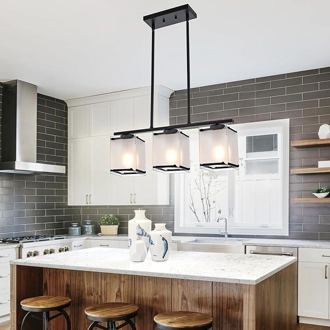 3-Light Dining Room Light Fixture Kitchen Island Lighting with Frosted Glass Shade Linear Black Chandelier Pendant Lighting Over Table for Dining Table Kitchen Island, Adjustable Height