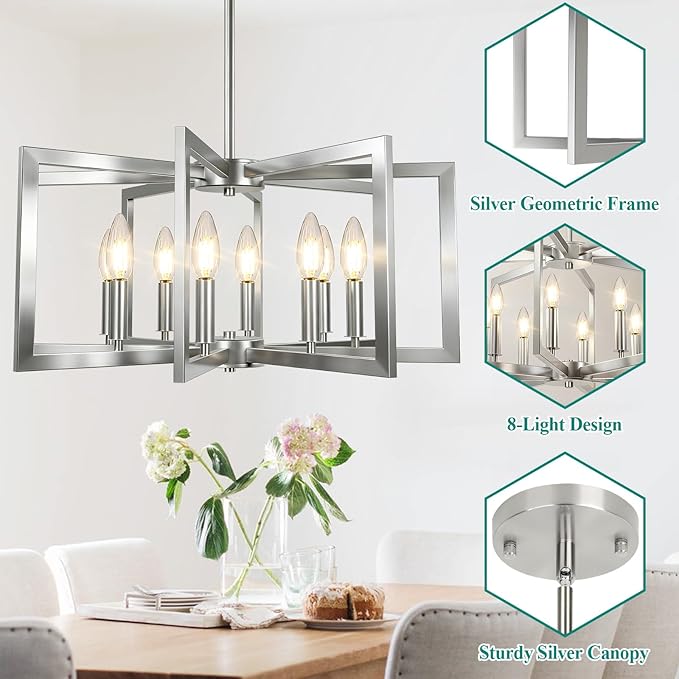 8-Light Brushed Nickel Chandelier, Farmhouse Dining Room Light Fixture, Modern Chandelier, Geometric Industrial Metal Hang Lighting Fixture for Foyer Entryway Kitchen Over Table Hallway Living Room