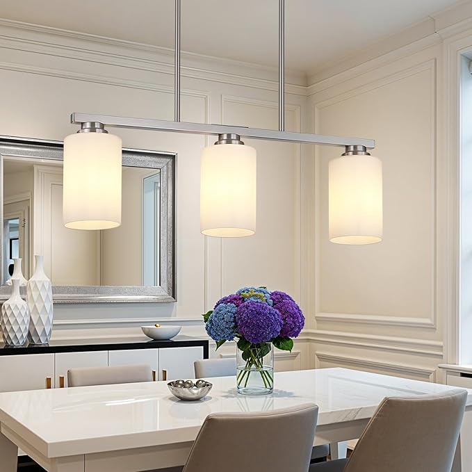 Island Light for Kitchen, Brushed Nickel Dining Room Light Fixture Over Table with Milk Glass Shade, 3-Light Linear Chandelier Pendant Lighting for Dining Table Kitchen Island Living Room