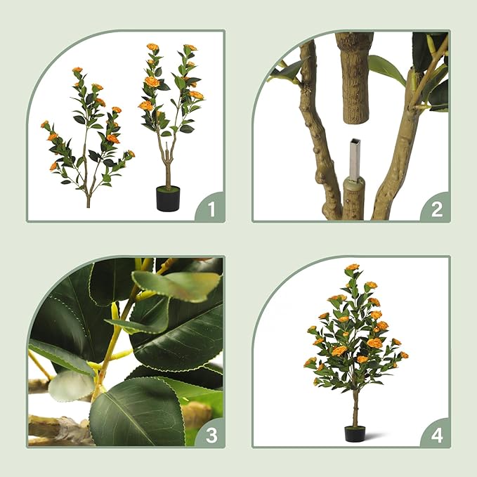 2-Pack 4FT Artificial Camellia Tree,Realistic Fake Potted Plants with Flowers&Planters,Indoor/Outdoor Faux Flowering Trees for Home,Office,Porch,Wedding,and Housewarming Gift Decor,Orange