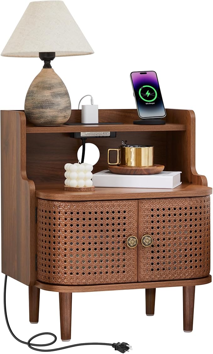 Metal Rattan End Table with Charging Station, Mid Century Modern Nightstand with 2 Doors, Bed Side Table with Storage for Couch,Living Room,Small Spaces, Sofa Side Table for Office,Dorm - Walnut