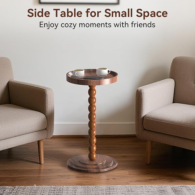 Round Side Table, Small Drink Table for Small Spaces, Martini Table with Raised Edge, Pedestal Side Table for Living Room, Bedroom,Sofa and Couch