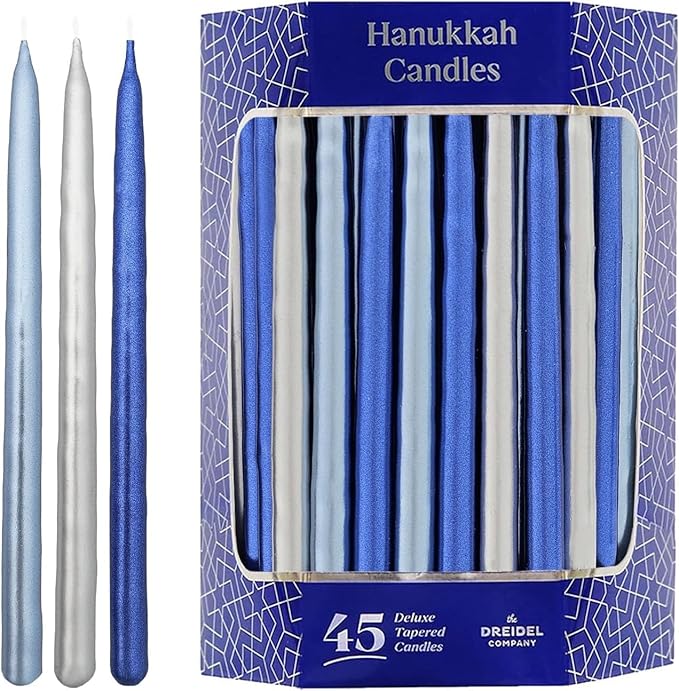 The Dreidel Company 45 Metallic Hanukkah Candles Frosted Premium Tapered Hand Decorated Chanuka Candles (Metallic Blue & Silver) (24-Pack)