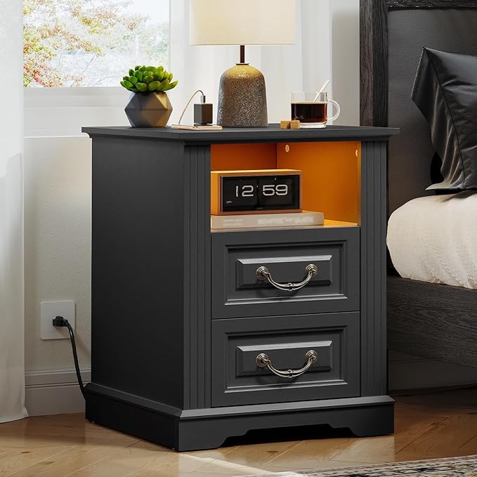 Farmhouse Nightstand with Charging Station, Wooden Night Stand with 2 Drawers, LED Bedside Table, Rustic Sofa Side Table, End Table for Bedroom, Living Room, Black