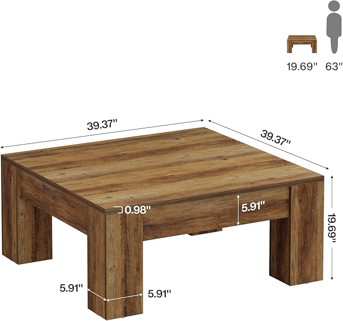 Tribesigns Square Coffee Table, 39-Inch Farmhouse Wooden Coffee Table with Sturdy Legs, Rustic Accent Center Table for Living Room, Easy Assembly, Rustic Brown