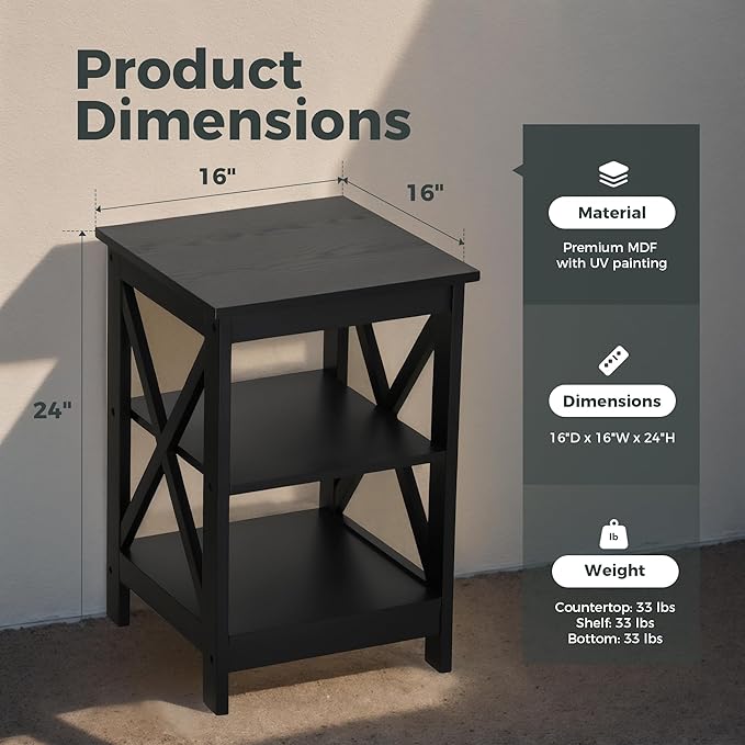MAISON ARTS Black End Tables, Living Room End Tables Set of 2, Farmhouse Small Side Table, 3-Tier Modern Bed Side Table Nightstands for Bedroom