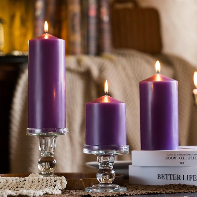 MOZEAL 3" x 6" Hand-Poured Unscented Purple Pillar Candles,Dripless Candles Set of 3,Long Lasting Burning,Approx 100 Hours Burn Time for Wedding,Dinner,Christmas and Home Decor