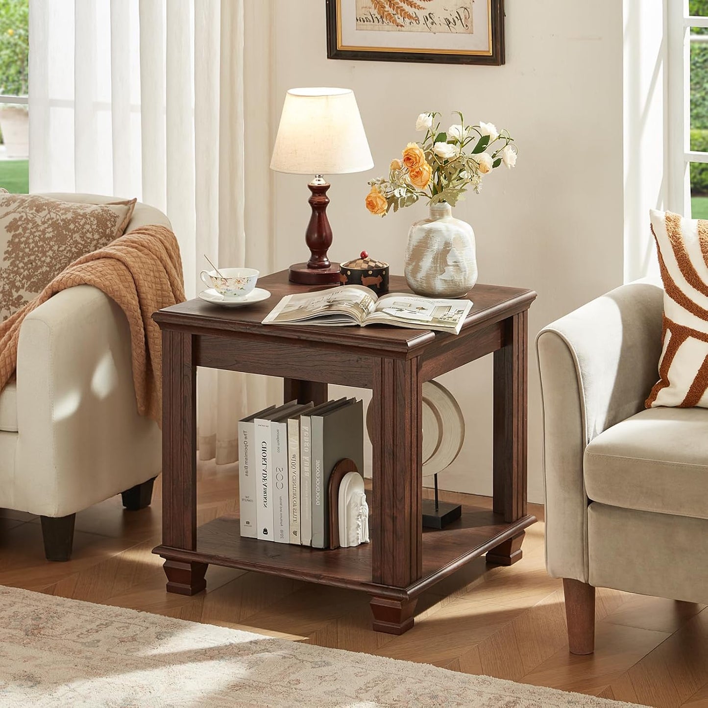 Farmhouse End Table,Large Side Table with 2-Tier Storage Shelf,Rustic Brown End Tables for Living Room,Square Tea Table,Walnut