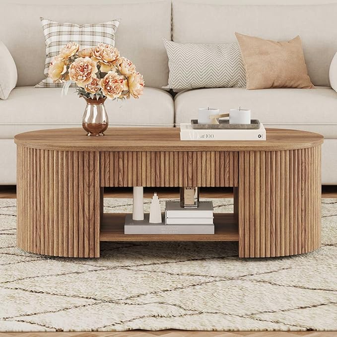 FATORRI Coffee Table for Living Room Storage, Modern Wood Center Table with Drawer, Farmhouse Oval Fluted Living Room Tables with Shelf (Walnut, 43.31 Inch)