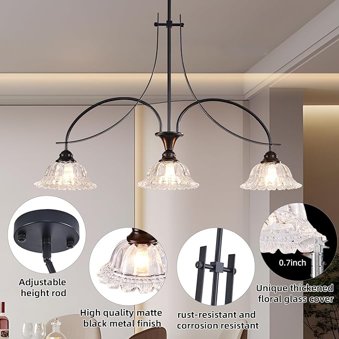 Vintage Pendant Light Fixtures for Kitchen Island,3-Light Black Dinner Room Chandelier with Flower Lampshade, Adjustable Height Hanging Light Fixture for Hallway Entryway