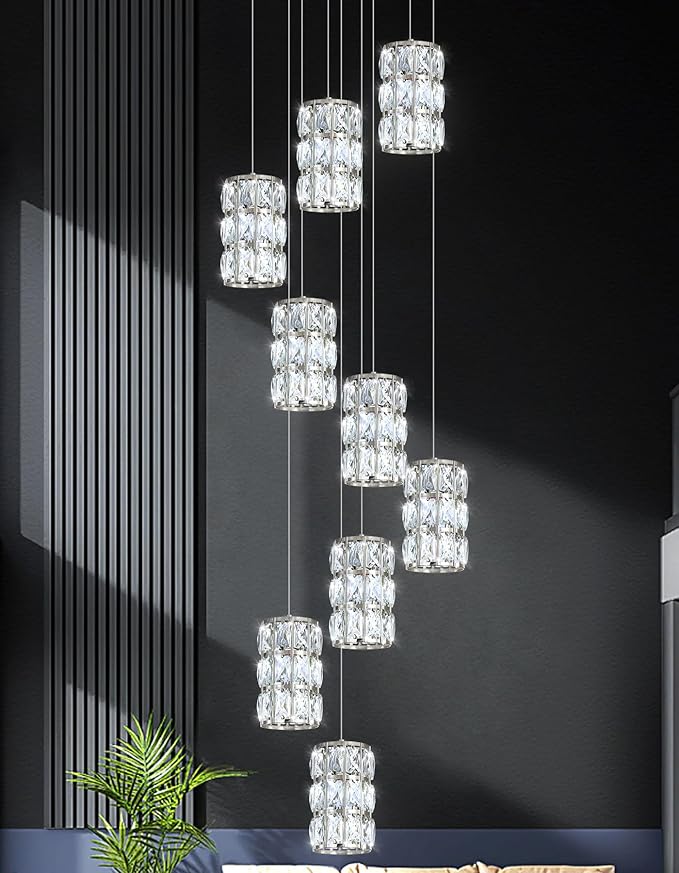 9-Lights Modern Crystal LED Dimmable for Staircase Foyer High Ceiling Chandeliers Hallway Nickel