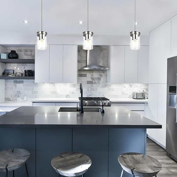 Modern Pendant Light Glass Shade, Kitchen Island Pendant Lighting with Glass Shade for Dining Room,Bedroom, Bar,Office,Farmhouse,Sand Nickel,4.72 Inch Shade 40 Inch Cord