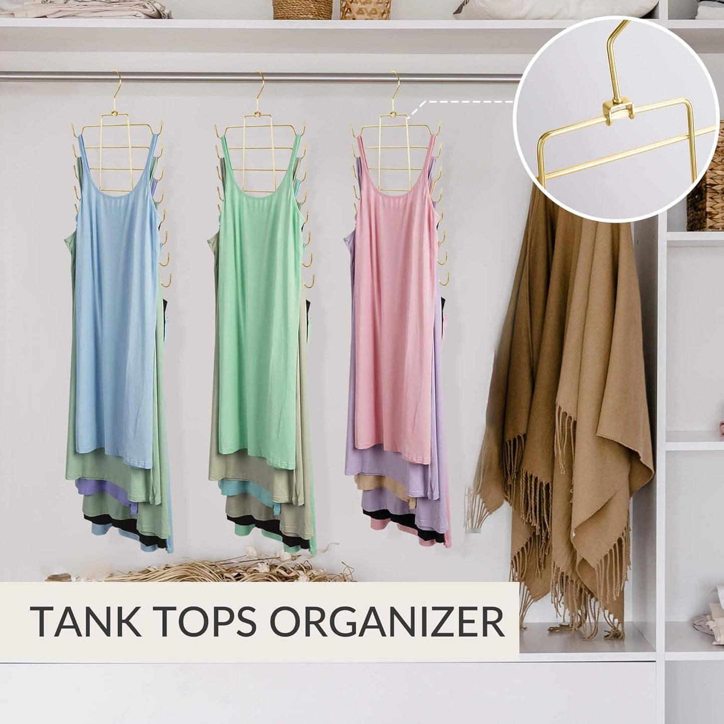 ZEDODIER Tank Top Hanger, 2 Pack Space Saving Bra Hangers, Non-Slip Hanging Sport Bras Holder, Closet Organizers and Storage for Camisoles Tank Tops Bras Ties Swimsuits Strappy Dress, Gold