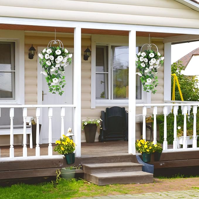 RECUTMS Artificial Fake Hanging Flowers Plants for Outdoor Decoration, 2 Pcs UV Resistant Faux Petunias Trailing Plants Realistic Flower Look Real for Door Wall Yard Porch Garden Planter (White)