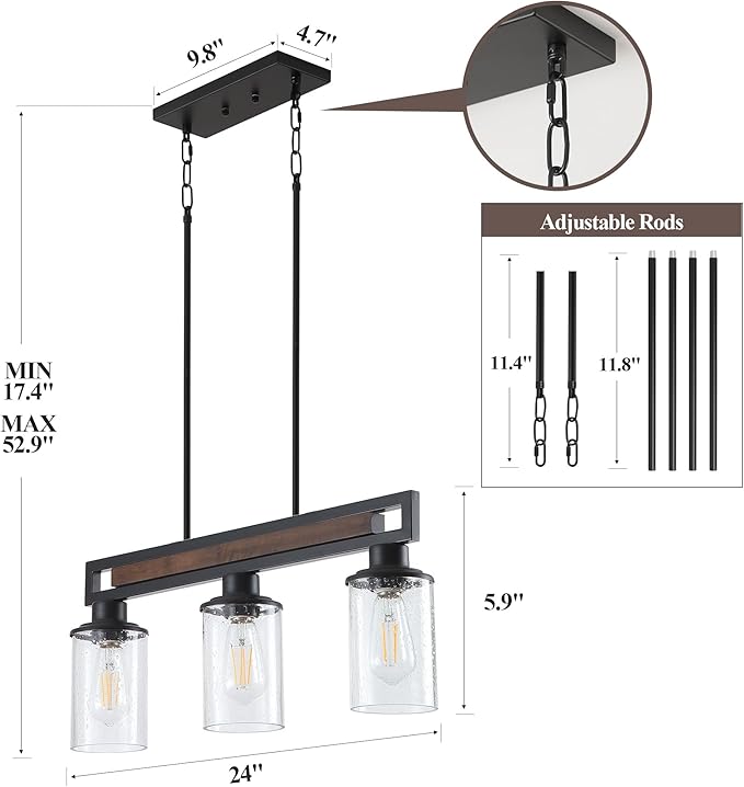 Farmhouse Dining Room Light Fixture, 3-Light Wood Kitchen Island Lighting for Dining Room Over Table, Black Adjustable Pendant Light with Seeded Glass Shades, Linear Chandeliers Lighting for Kitchen