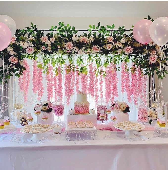 U'Artlines 24 Pack (Total 86.4 Feet) Artificial Fake Wisteria Vine Rattan Hanging Garland Silk Flowers String Home Party Wedding Decor (24, Pink)