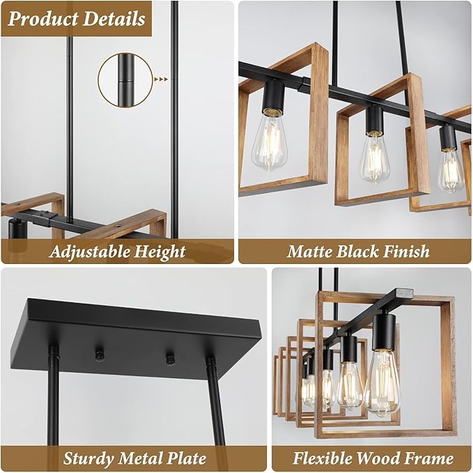 53’’ Farmhouse Kitchen Island Lighting, 5-Light Adjustable Dining Room Light Fixtures, Rustic Wood Chandeliers Black Hanging Light Fixtures for Kitchen, Pool Table Lights, Bulbs Not Included