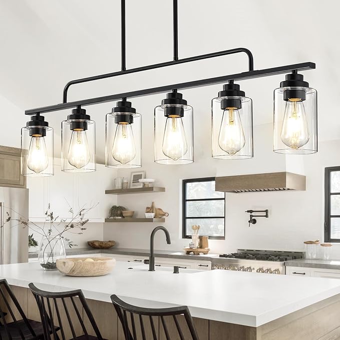 Dining Room Light Fixture - Black 6-Light Farmhouse Chandelier Kitchen Island Lights Fixtures Modern Linear Chandeliers Hanging Pendant Lighting Over Table for Dining Room