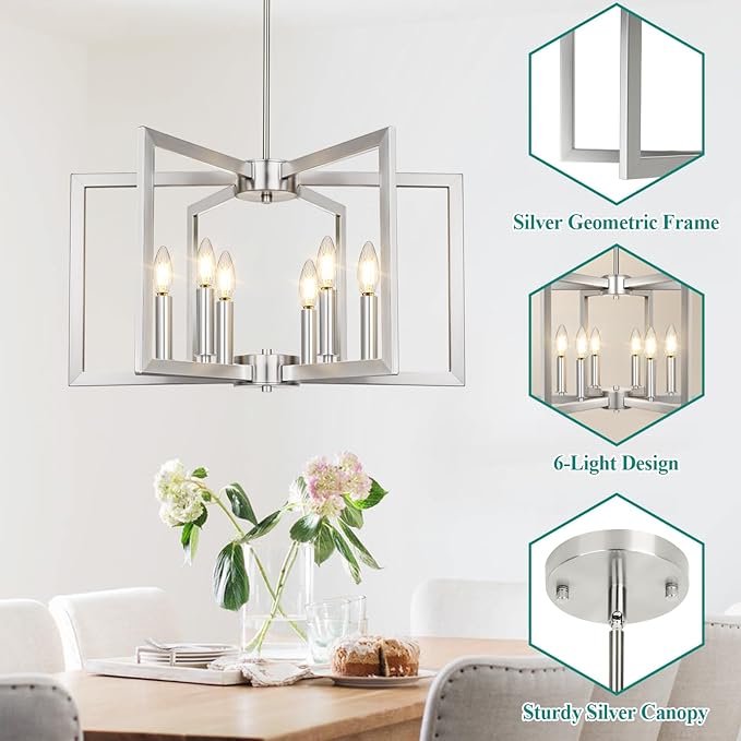 6-Light Brushed Nickel Chandelier, Farmhouse Dining Room Light Fixture, Modern Chandelier, Geometric Industrial Metal Hang Lighting Fixture for Foyer Entryway Kitchen Over Table Hallway Living Room