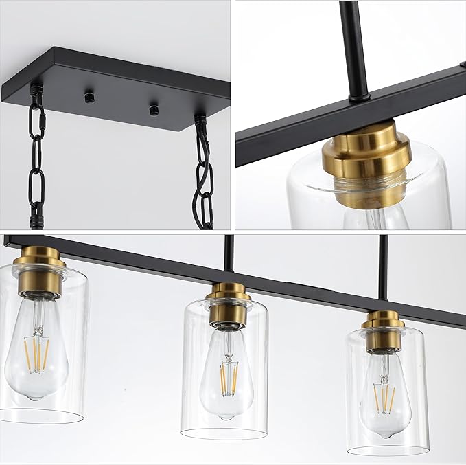 Island Light for Kitchen, Black and Gold Dining Room Light Fixture Over Table, 4-Light Linear Chandelier Pendant Lighting for Dining Table Kitchen Island Living Room
