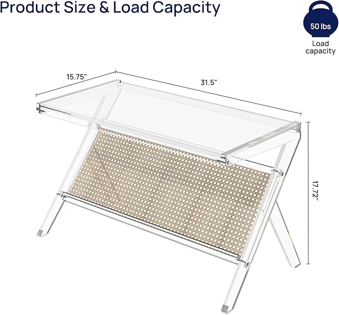 HMYHUM Acrylic Coffee Table for Living Room, Clear Unique Rattan Center Table, Rectangle Tea Table for Bedroom Office Reception Room, 31.5" L × 15.75" W × 17.72" H, Modern, Easy Assembly