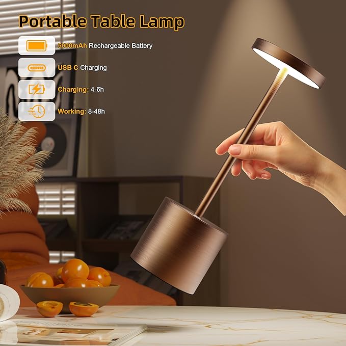 Cordless Table Lamps Rechargeable - Outdoor Portable LED Table Light 5000mAh Battery Operated Lamp 3 Color Stepless Dimming with Memory Function for Restaurant Dining Patio 2Pack Moka