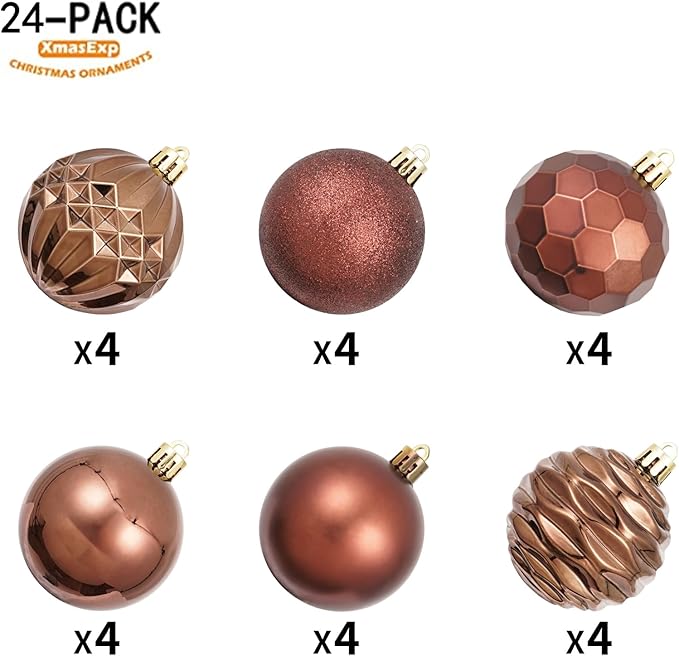 XmasExp 24ct Christmas Ball Ornaments Shatterproof Xmas Tree Hanging Balls Decorations Perfect for Holiday Wedding Christmas Decor(2.36"/60mm, Brown and Champagne)