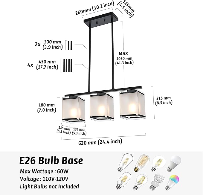 3-Light Dining Room Light Fixture Kitchen Island Lighting with Frosted Glass Shade Linear Black Chandelier Pendant Lighting Over Table for Dining Table Kitchen Island, Adjustable Height