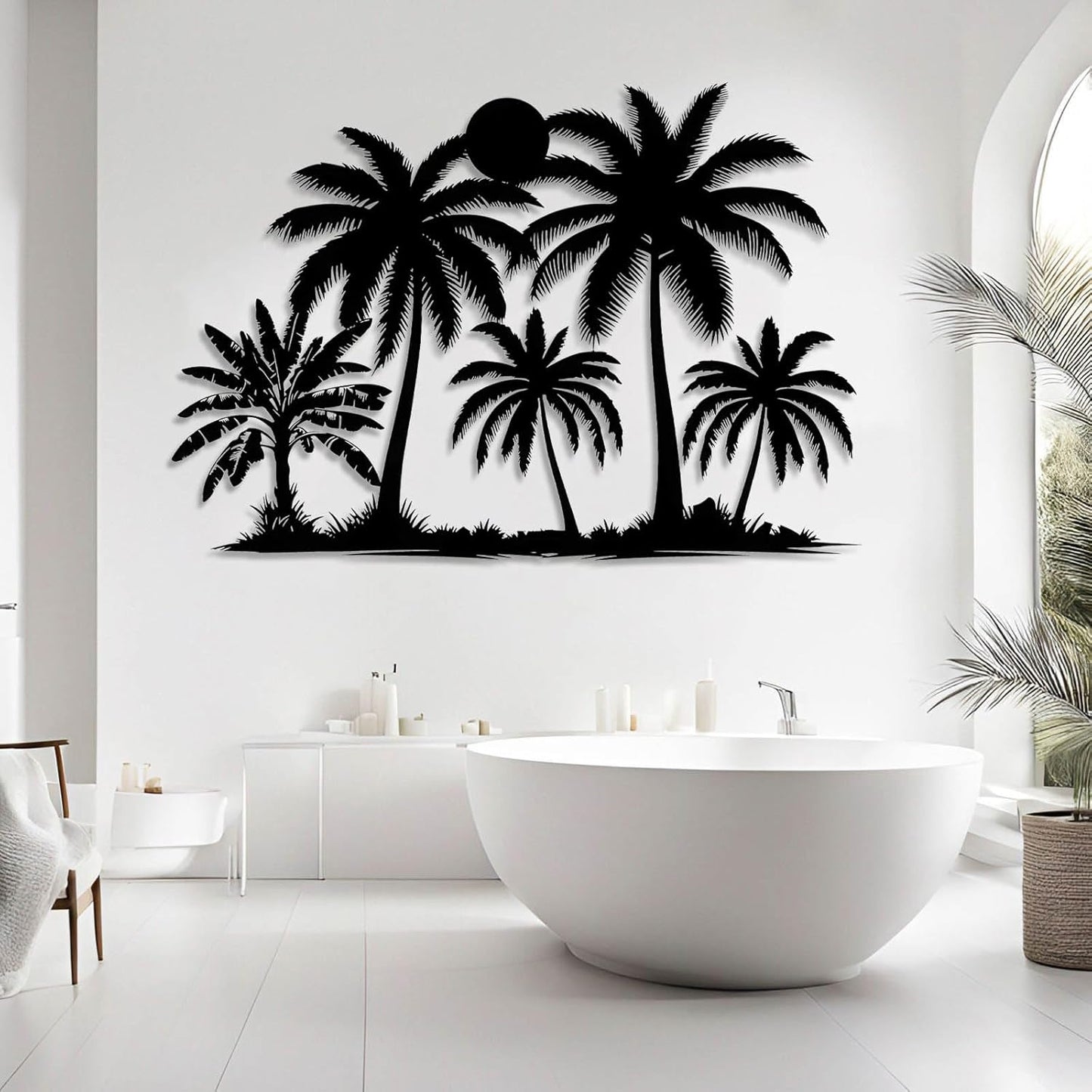 Tuglona Metal Palm Tree with Sunset Wall Decor, Tropical Palm Tree Metal Wall Art, Tropical Wall Decor, Sun Wall Art, Beach Wall Decoration, Coastal Trees Wall Hanging (White, 48"x33"/121x84cm)