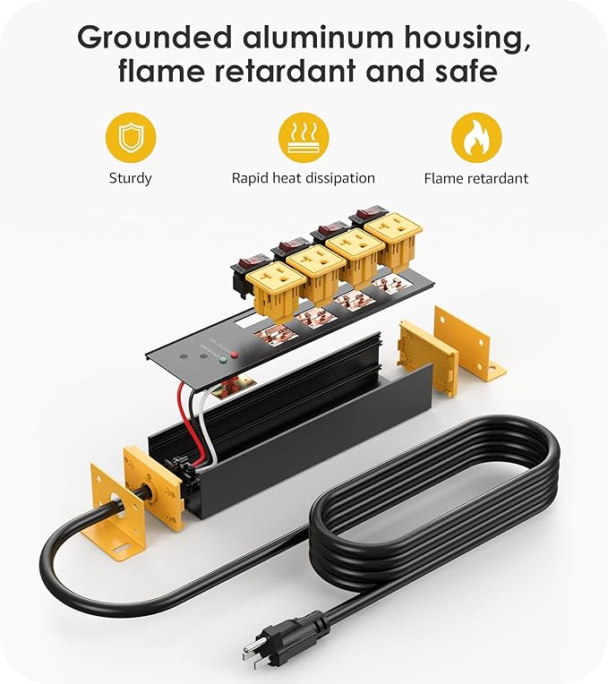 CCCEI Heavy Duty Surge Protector Power Strip 20 Amp Individual Switches. 15FT 12 Gauge Extension Cord with Multiple Outlets. Kitchen, Garage, Shop, Industrial Wall Mount Electric Extender, Yellow.