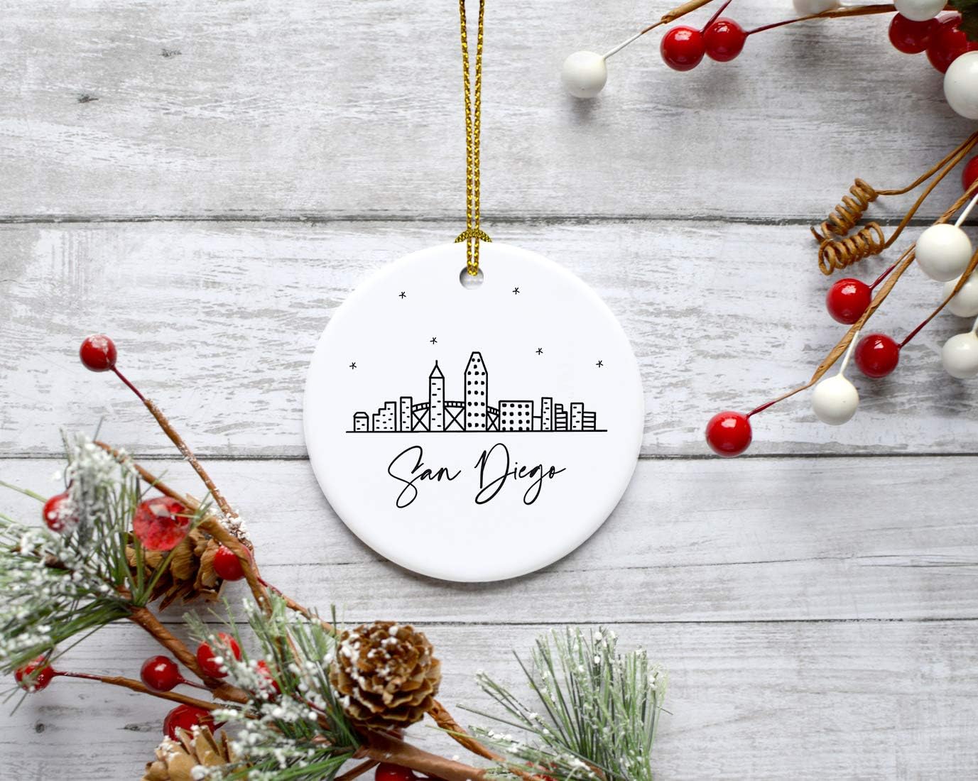 Andaz Press Round Ceramic Porcelain Christmas Tree Ornament Keepsake, San Diego Black and White Stars City Skyline Graphic, 1-Pack, Birthday Gift Idea for Family, Coworker, Him, Her, Includes Gift Box