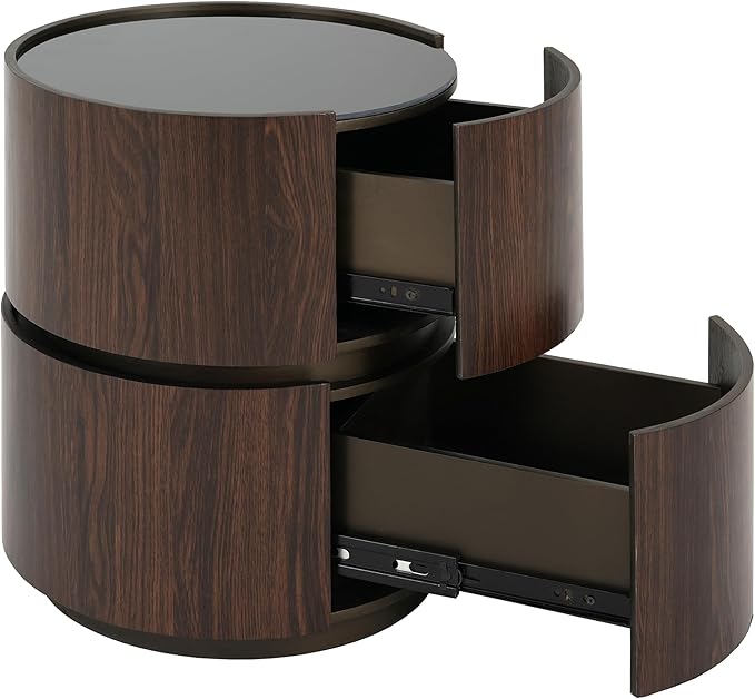 WILLIAMSPACE 15.75" Round Small Coffee Table with Double Storage Drawers & Tempered Glass Top, Modern Accent Side Table Retro Style End Sofa Table for Living Room Apartment, Black+Brown
