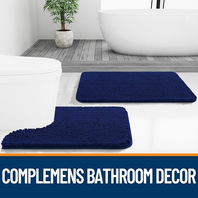 OLANLY Bathroom Rugs 47x20, Extra Soft Absorbent Chenille Bath Rugs, Rubber Backing Quick Dry, Machine Washable Bath Mats for Bathroom Floor, Tub and Shower, Home Decor Accessories, Navy