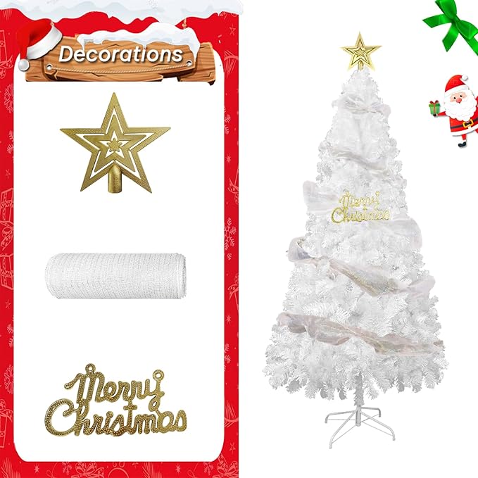 PLKO 5FT Artificial Holiday Christmas Tree，Artificial Christmas Tree Xmas Pine Tree with Stand and Soft White Branch for Holiday Indoor Outdoor,450Tips(White)