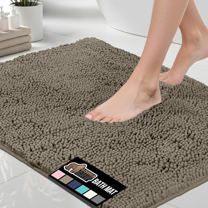 GORILLA GRIP Bath Rug Mat 60x24, Thick Soft Absorbent Chenille, Quick Dry Microfiber Mats, Rubber Backing Washable Shower Floor Rugs, Bathmat Runner, US Designed Bathroom Home Decor Accessories Latte
