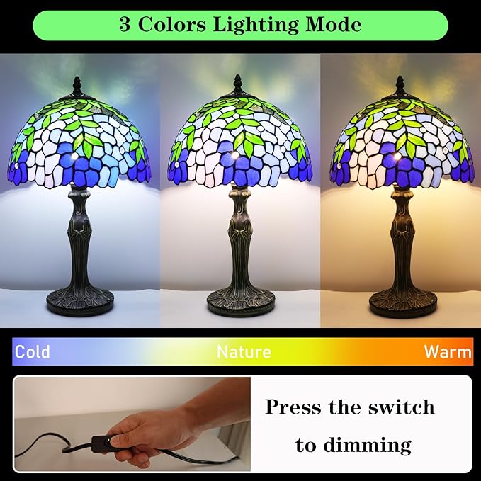 Stained Glass Table Lamp, Blue Green Leaves Style Lampshade & Plant Texture Curve Antique Base Desk Reading Light 12X12X19 Inches Decor for Bedroom Living Room Office