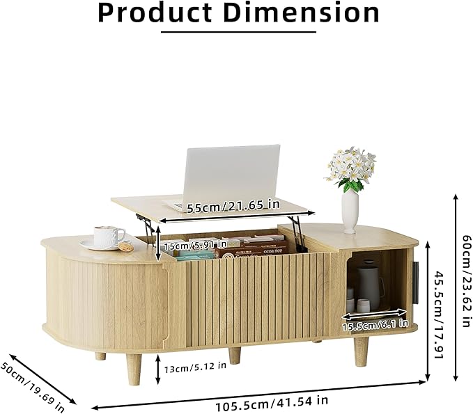Oval Lift Top Coffee Table, Mid Century Modern Center Table with 3 Hidden Compartment, Coffee Tables with Storage Open Shelf and Sliding Cabinet Door for Home Living Room Office (Natural)
