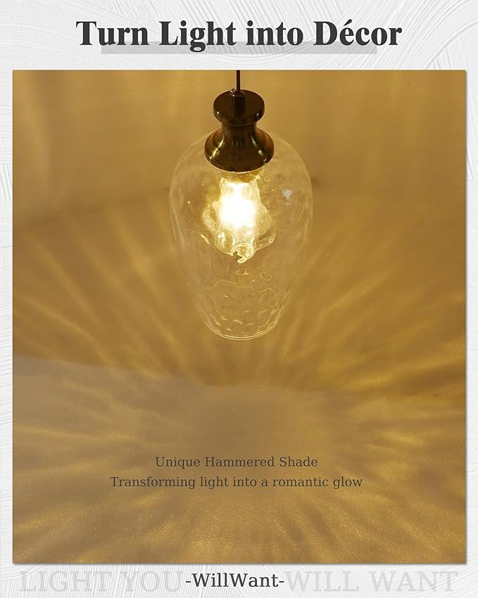 1-Light Farmhouse Pendant Light, Modern Hanging Ceiling Light with Hammered Glass in Brushed Brass Gold for Dining Room Kitchen Island Over Table
