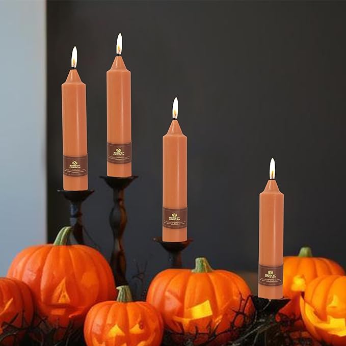 7 Inch Taper Candles Candle Sticks Handmade Unscented Set of 4 Smokeless Long Burning Dripless Tapered Candle for Thanksgiving Day Home Decoration(Orange Brown)