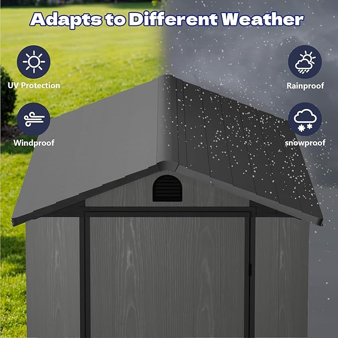 Greesum 4x8FT Plastic Storage Shed with Floor, Resin Outdoor Storaged Sheds with Lockable Door, All Weather Durable Tool Shed with Window and Vent, for Garden, Backyard, Patio, Dark Gray