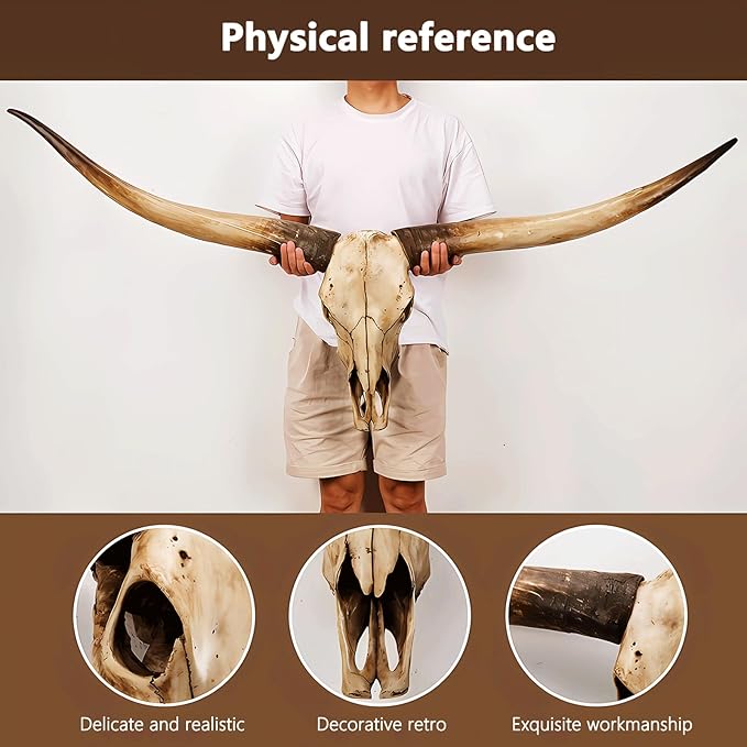 Cow Skull Wall Decor,Long Horn Cow Skull Wall,Resin Skull Sculpture Wall Hanging Art,Faux Taxidermy Head Wall Decor,Bull Skull Wall Decor for Rustic Farmhouse Style,Home Office-71Inch (jumbo Brown )