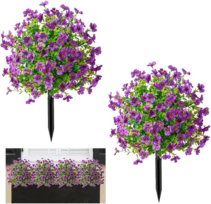 Christmas Decorative Plants Artificial Topiary Trees with Spike, 2pcs UV Resistant Artificial Bushes with Flowers, Artificial Fake Plants Shrubs for Doorway Porch Garden Decorate (Purple)