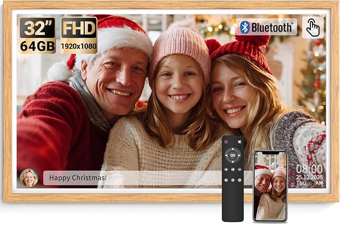 BSIMB 32 Inch Large Digital Picture Frame, Touchscreen 64GB 1920x1080 WiFi Photo Frame Electronic Display Remote Control, Share Pictures/Videos via Free App/USB/SD Easy Setup Gifts for Mom, Light Wood