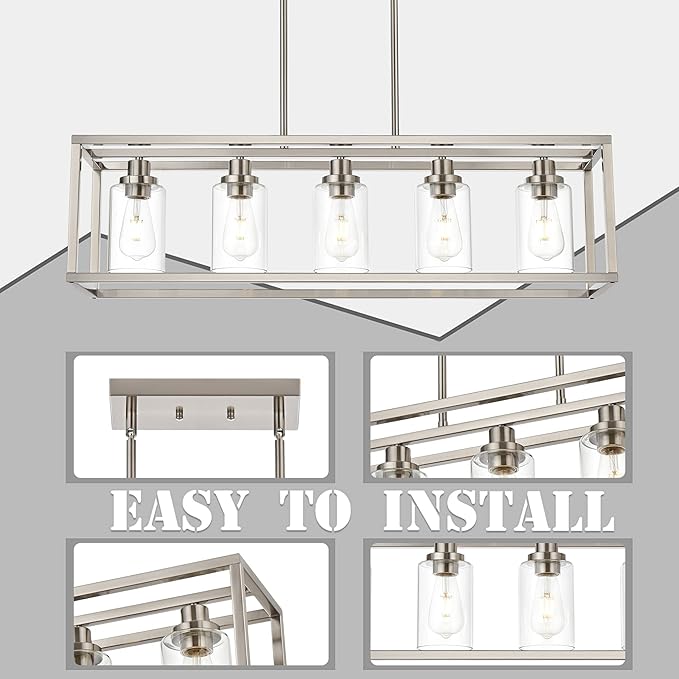 MELUCEE 5-Light Dining Room Lighting Fixture Hanging Brushed Nickel Modern Pendant Lighting Contemporary Chandeliers with Clear Glass Shade for Kitchen Island Living Room Bedroom